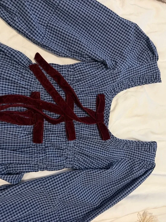 Damson Madder Dakota Top Blue Gingham Puff-Sleeve Blouse Burgundy Velvet Ties - Picture 2 of 4